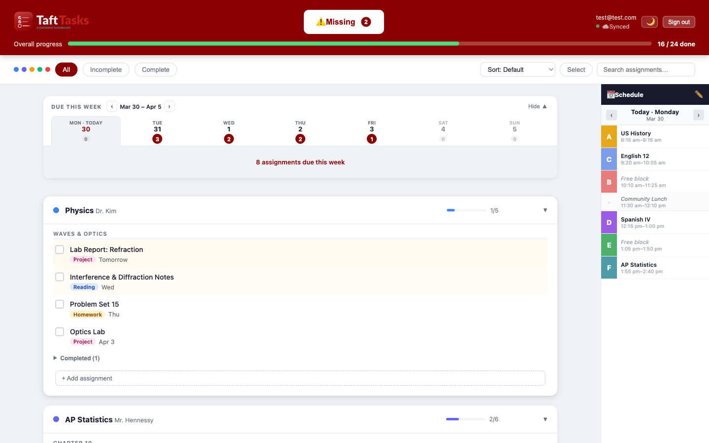TaftTasks dashboard showing courses, assignments, and schedule